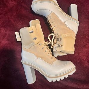 Women's Tan and Cream Heeled Boots